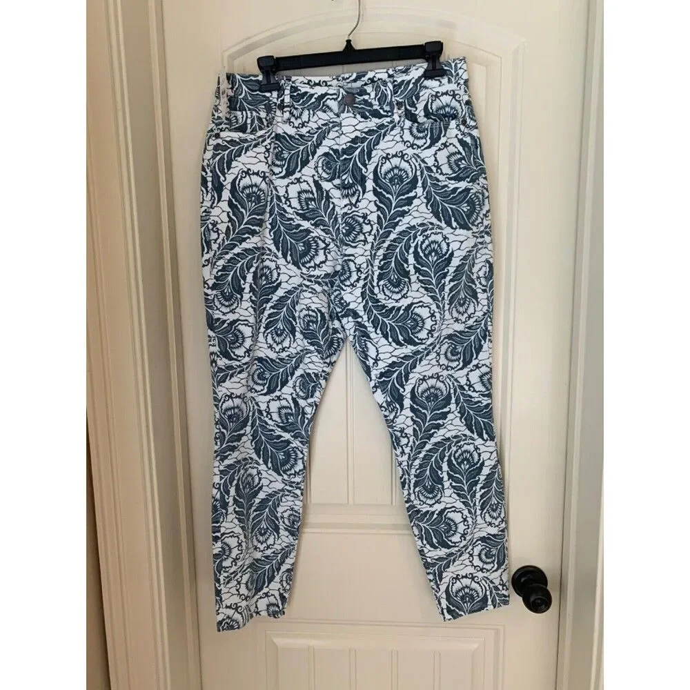 LOFT OUTLET WOMENS CURVY SKINNY JEANS SIZE 10 NEW WHITE WITH BLUE PATTEN
